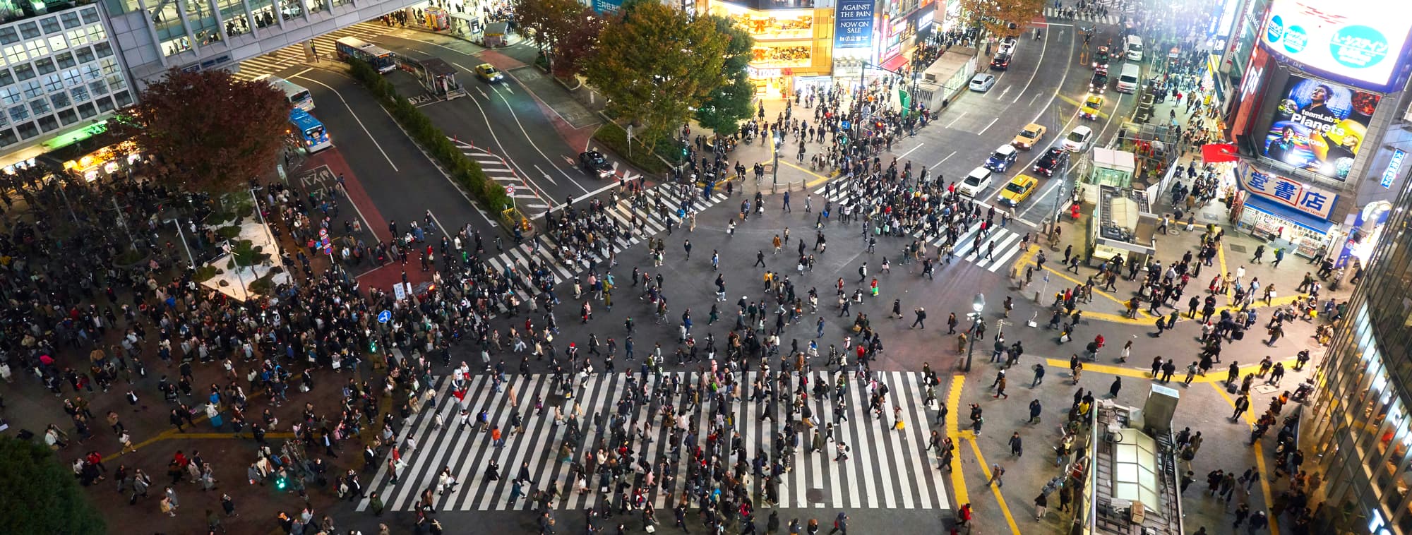 The Shibuya scramble crossing in Tokyo, seen from above